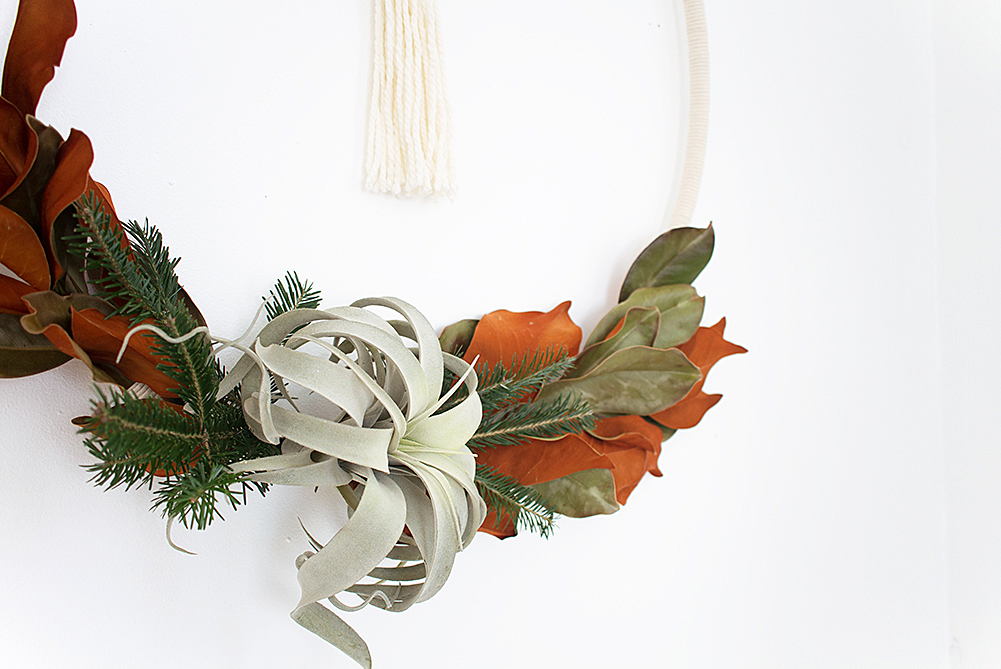 DIY Boho Winter Hula Hoop Wreath - Complete your modern Scandibo holiday decor with this simple yet stunning wreath made with fresh greens, cord, and an air plant!