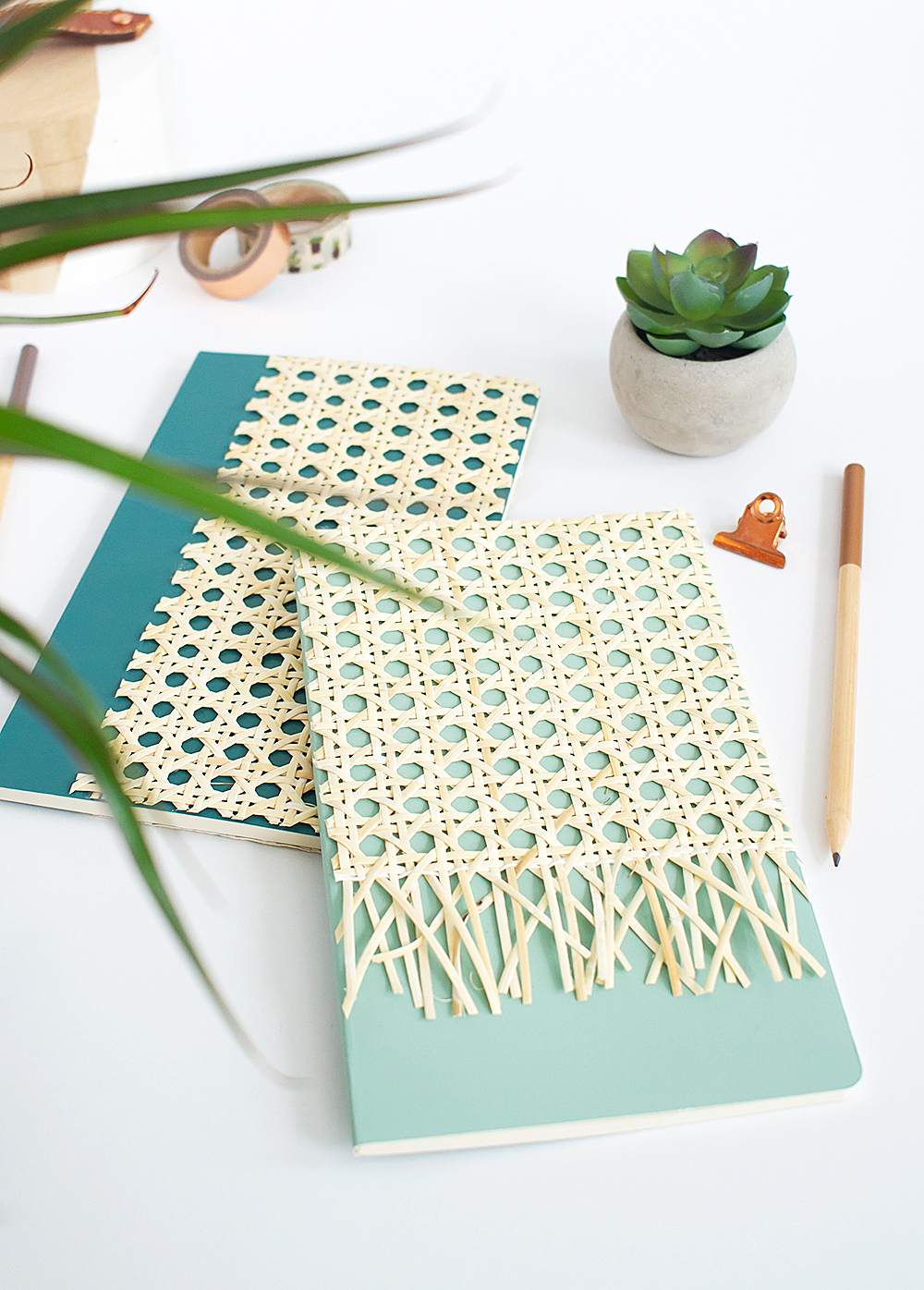 How to use cane webbing to make DIY rattan notebooks - a modern take on a vintage material!